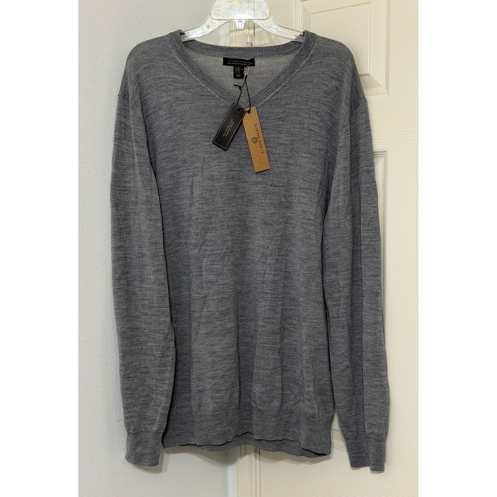 Ethan Pierce Men XXL Gray 100% Extra Fine Merino Wool V-Neck Sweater NWT